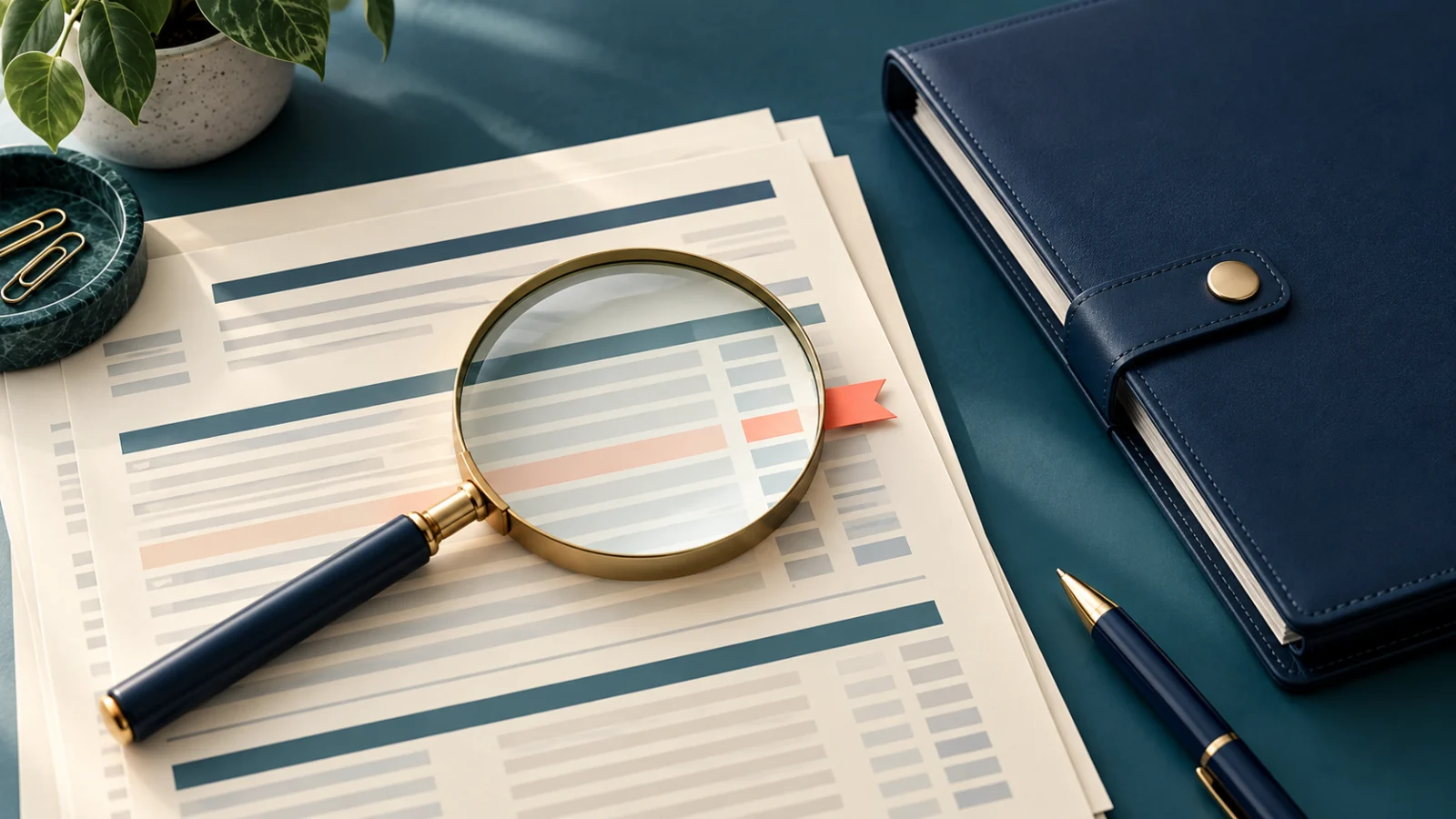 Magnifying glass over abstract report rows with one marked entry