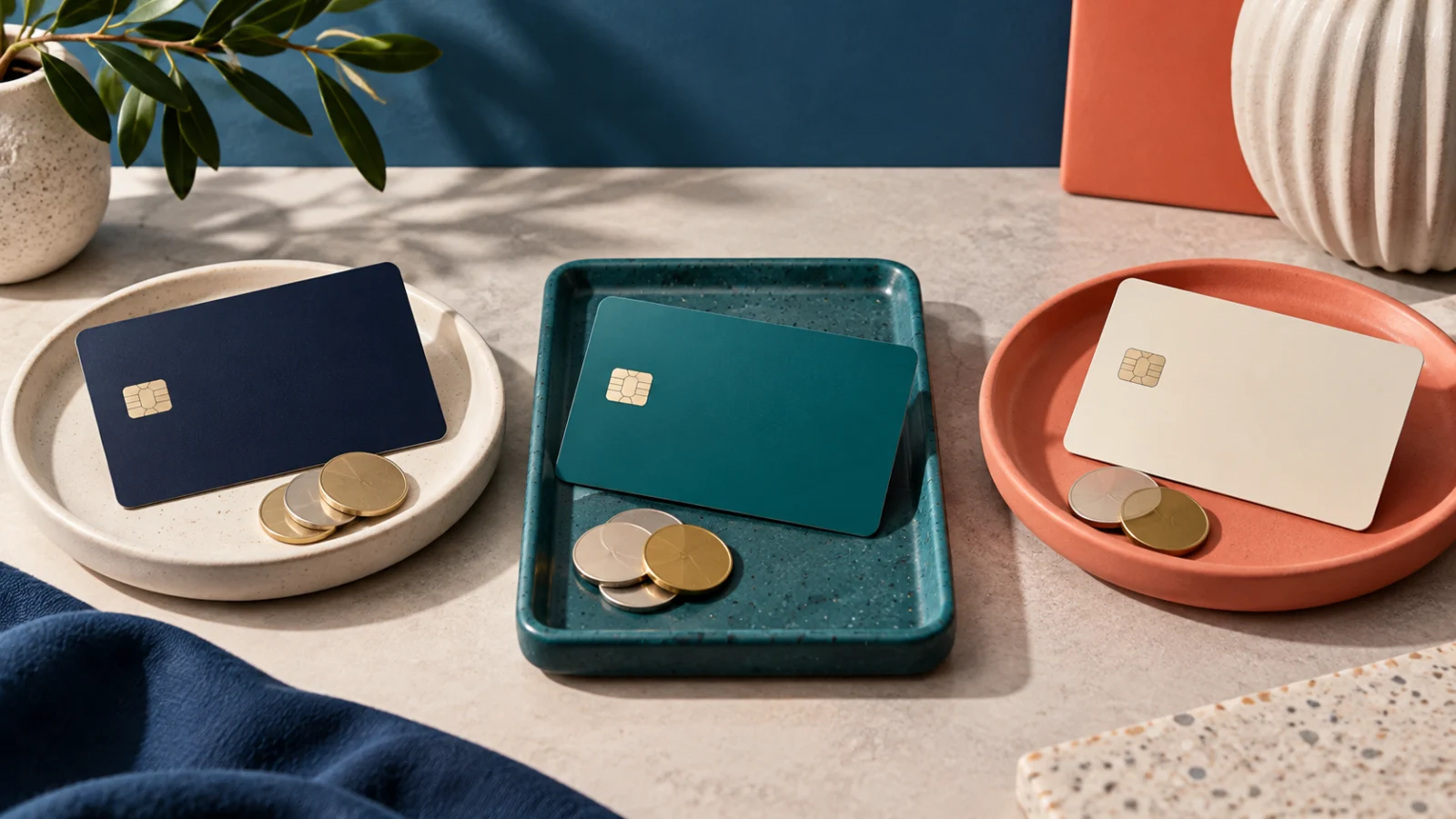 Three unbranded cards arranged on separate trays for comparison
