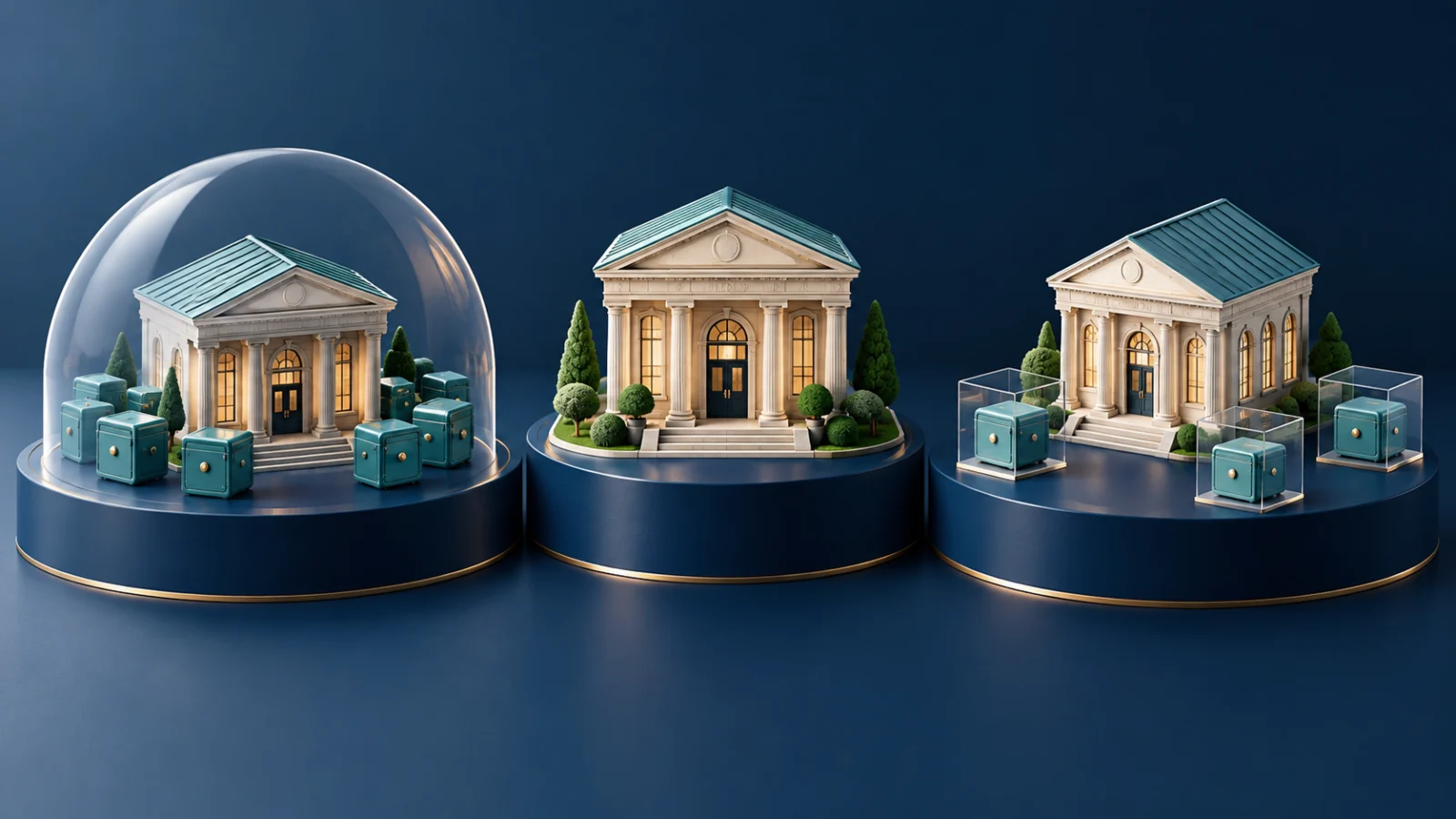 Miniature bank buildings and grouped deposit containers