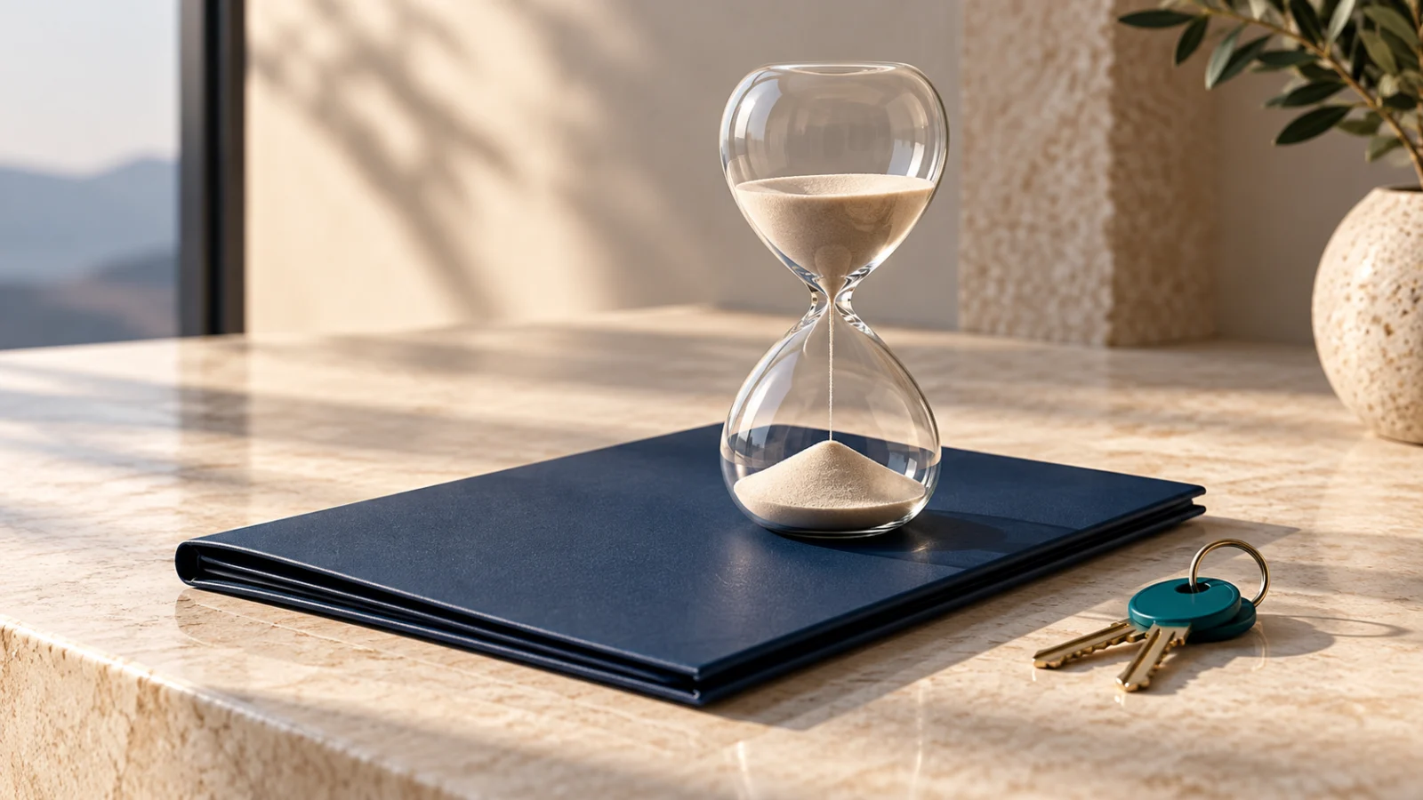 Hourglass on a savings folder with keys beside it