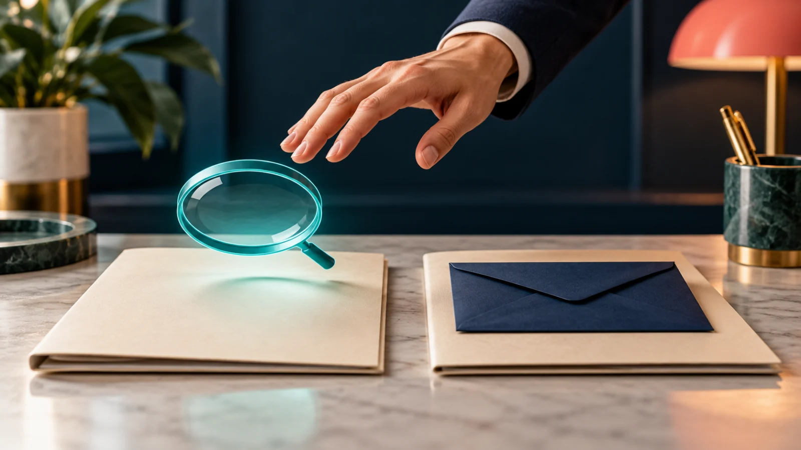 A hand pauses above two blank folders beside a magnifying glass.