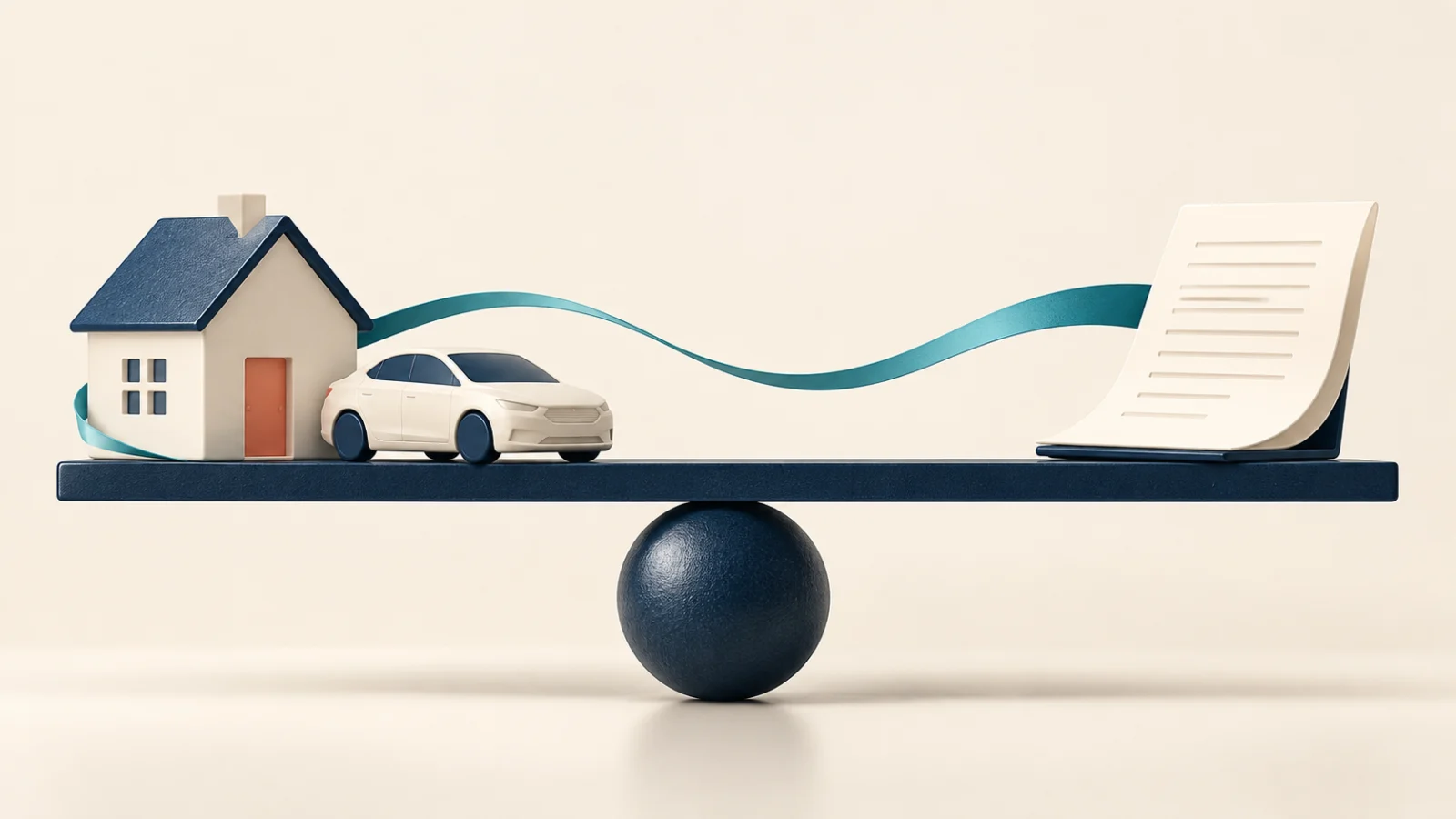 House and car miniatures sit beside a balanced beam and plain document.