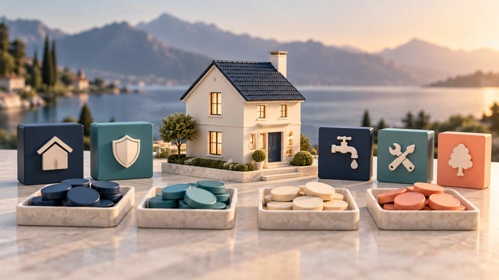 A miniature house stands beside separate trays representing household costs.