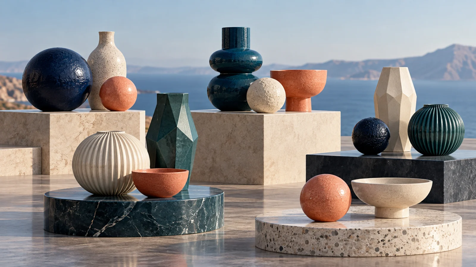 Different ceramic forms are distributed across several stone platforms.