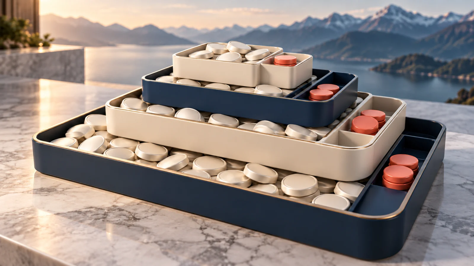 Nested cream and navy trays hold separate cream and coral tokens.