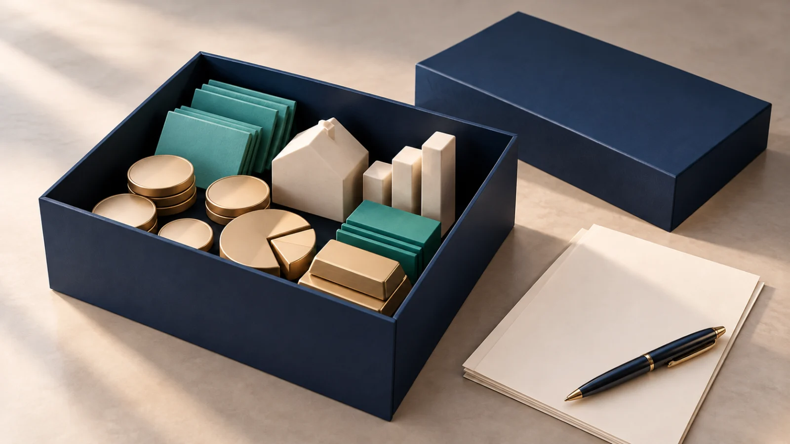 An open navy box holds blank teal paper, disks and miniature assets.