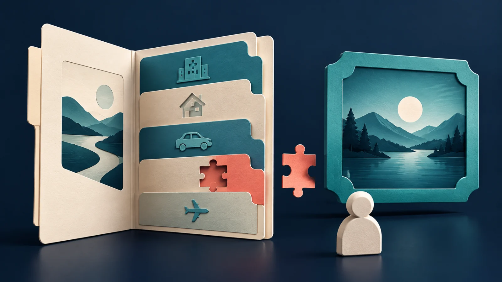 Layered policy panels and a separate puzzle piece illustrate coverage and exclusions.