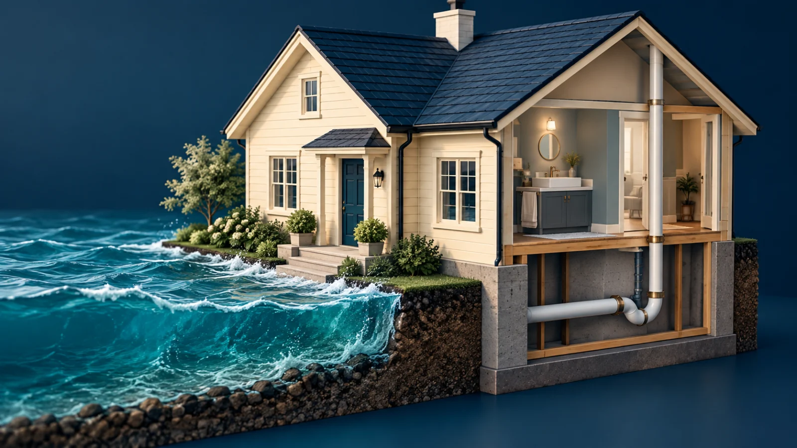 A cutaway house shows outside water and a separate interior pipe.