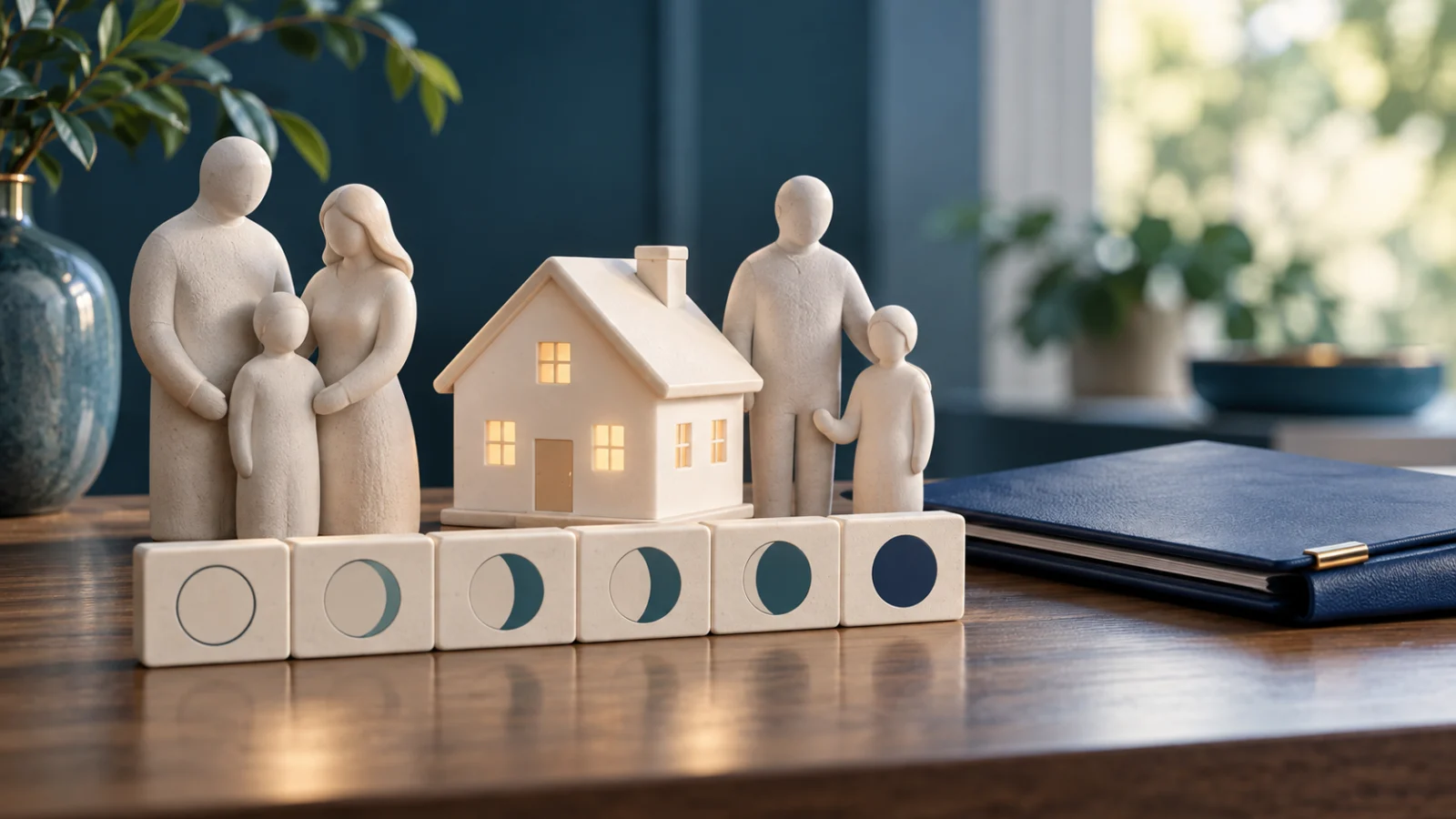 Ceramic family figures and a house stand behind tiles marking the passage of time.