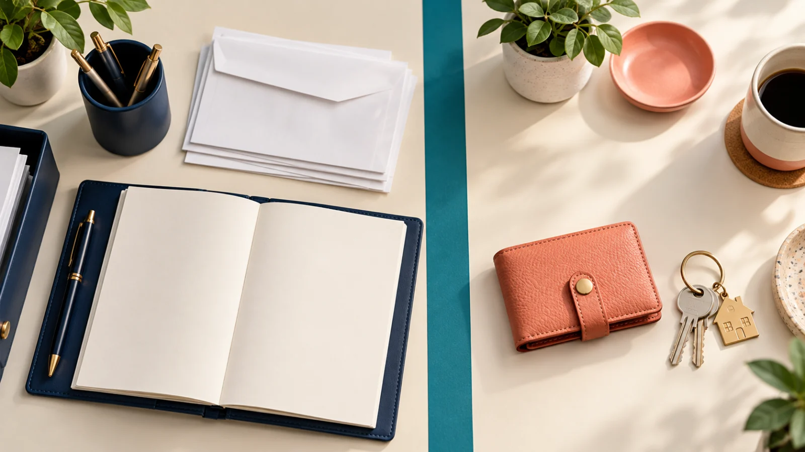 A divided desk separates plain business records from a wallet and house keys.