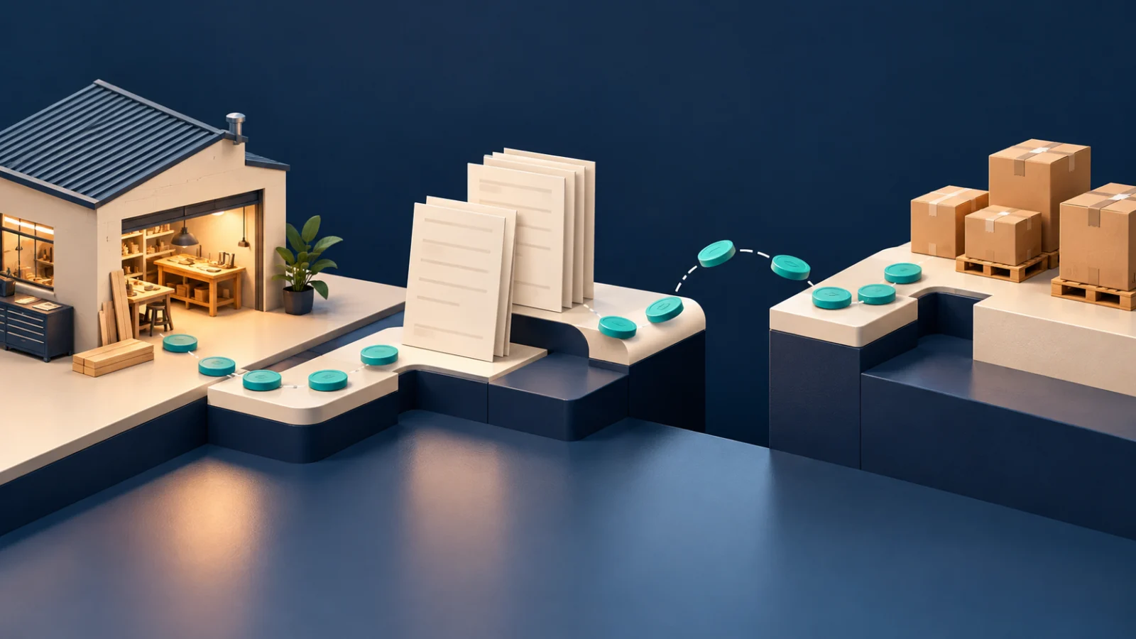 A workshop, plain invoices and inventory are connected by tokens across gaps.