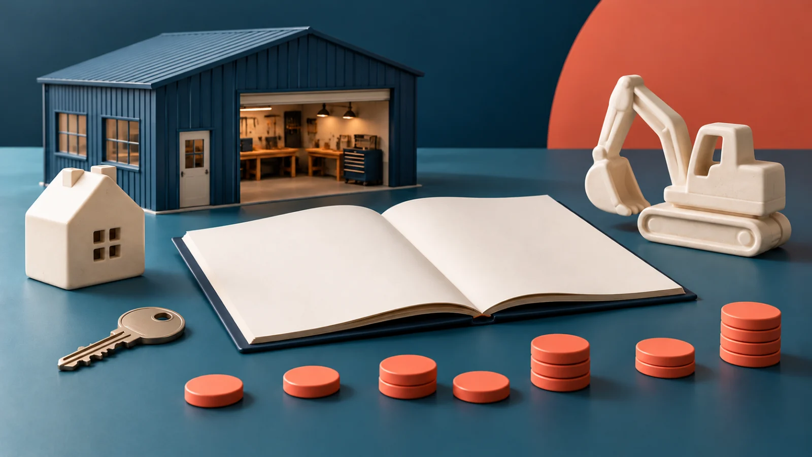 A blank agreement lies between a workshop, house, equipment and payment tokens.