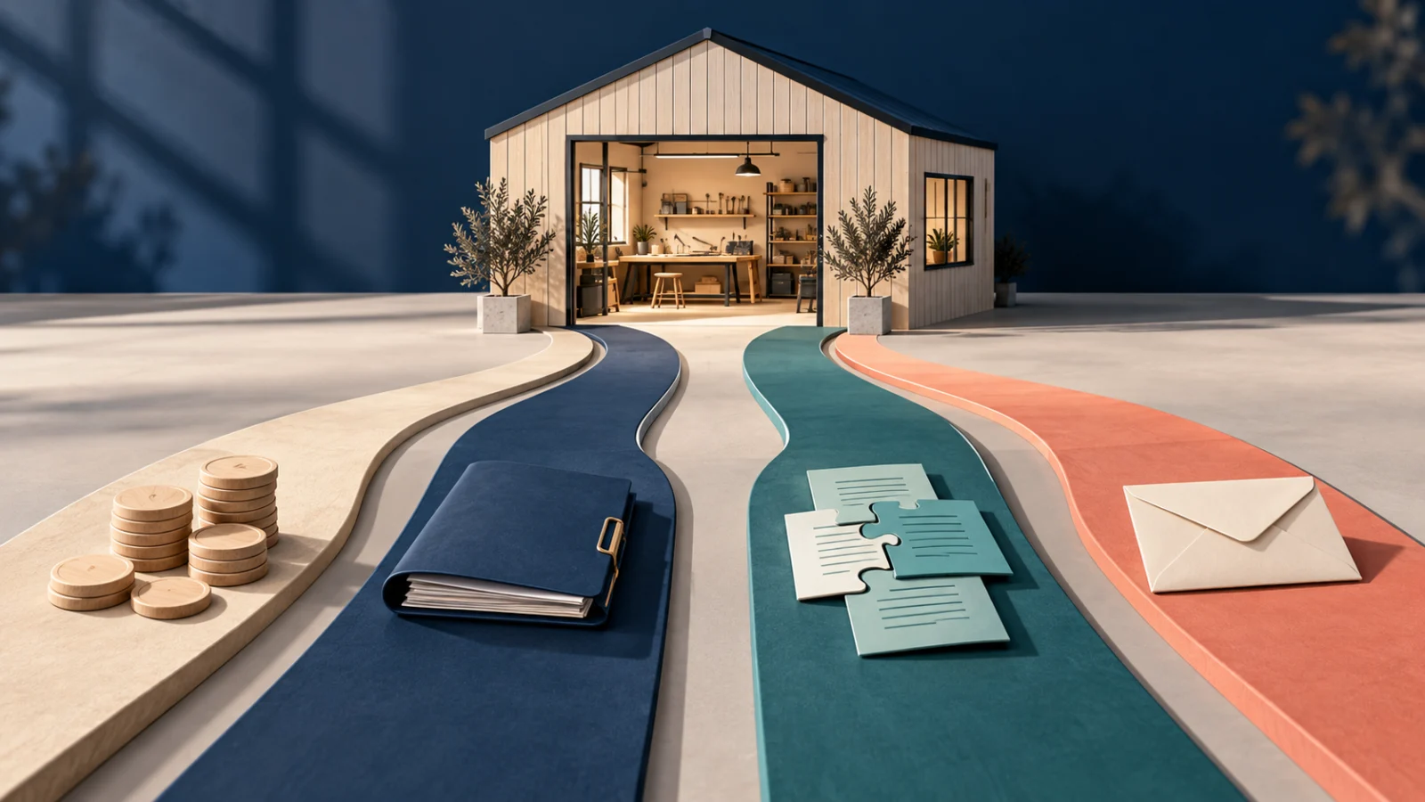 Four different paths connect savings, a notebook, partnership papers and an envelope to a workshop.