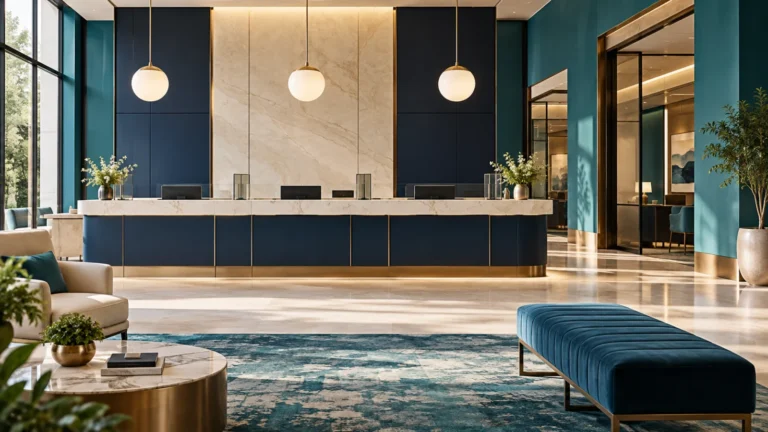 A fictional unbranded bank interior has a cream counter and teal panels.