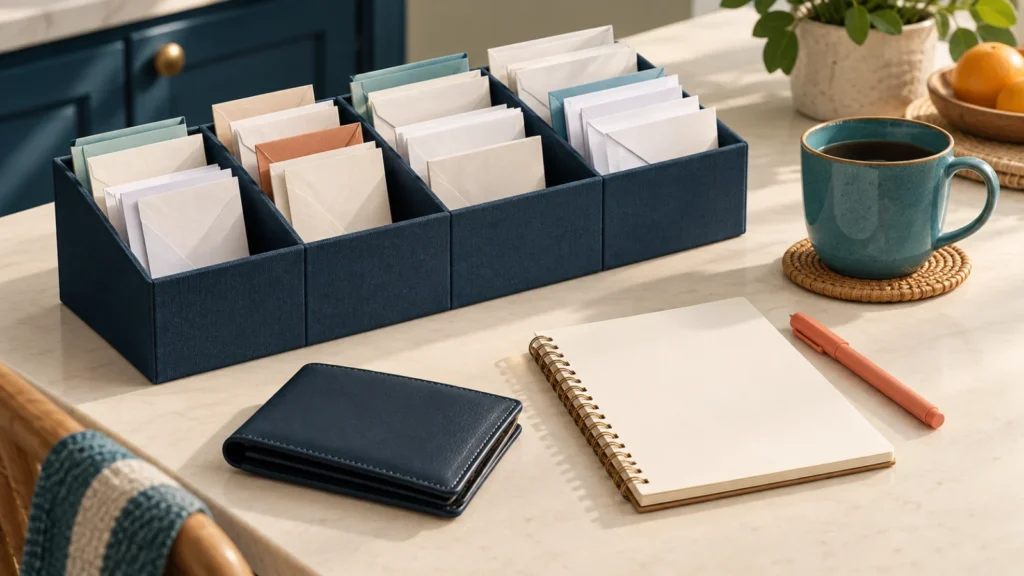 Plain envelopes are organized into compartments on a kitchen counter.