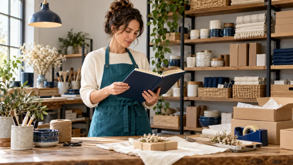 An adult reviews a notebook in an organized small workshop.