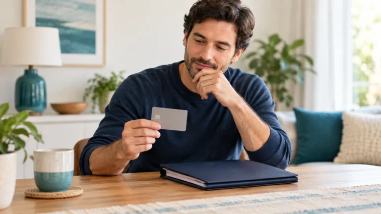 An adult considers a plain payment card while seated at a home table.