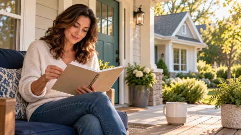 An adult reviews a plain notebook on a sunlit porch.