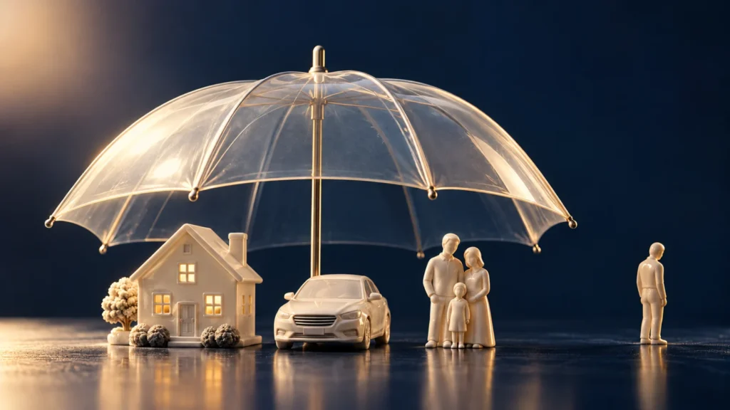 A clear umbrella shelters miniature home, car and family figures while one figure stands outside.