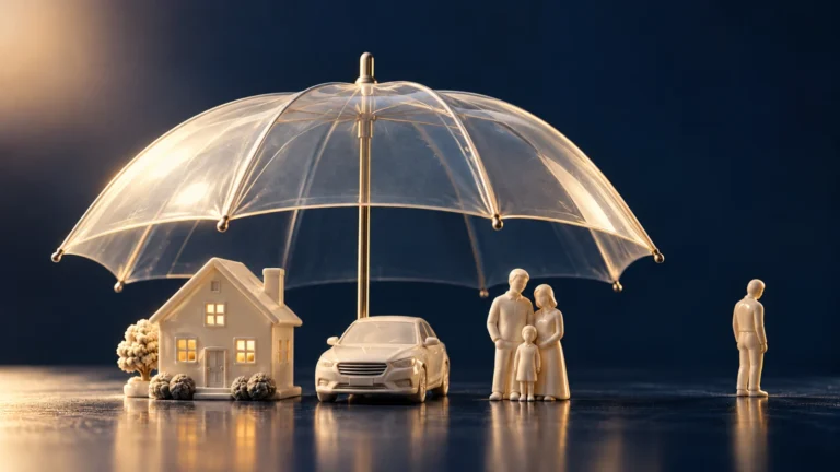 A clear umbrella shelters miniature home, car and family figures while one figure stands outside.