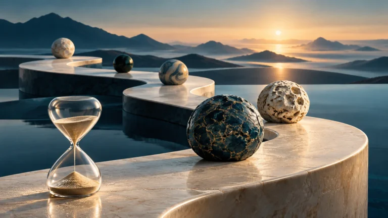 Textured stones sit along a curving platform beside an hourglass.