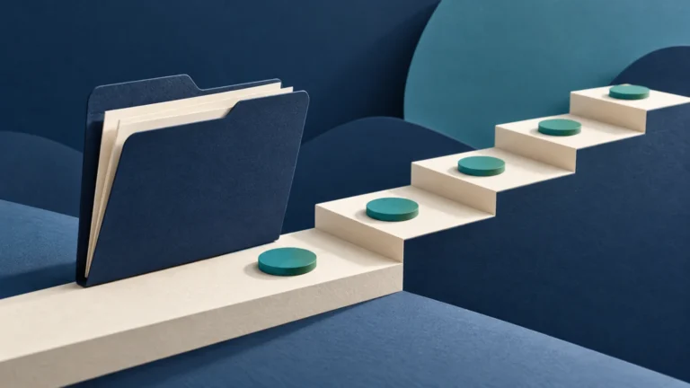 An unmarked loan folder stands beside stepped repayment tokens.