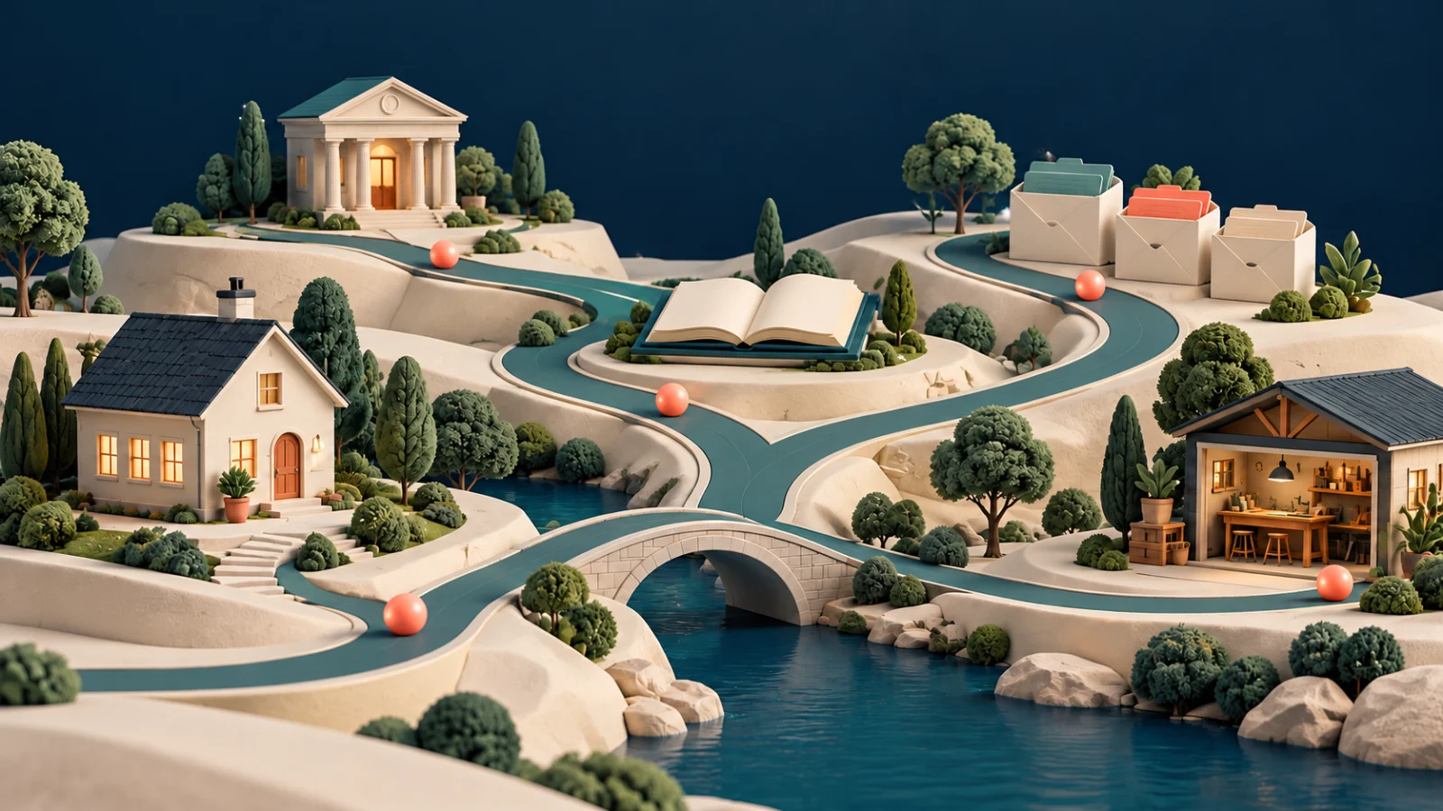 Connected teal paths link miniature home, bank, open book and workshop in a cream landscape.