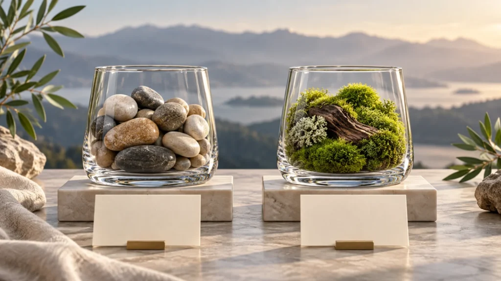 Matching glass containers hold stones and moss beside blank comparison cards.
