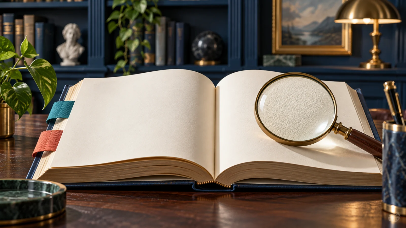 A magnifying glass lies across a blank reference book with colored tabs.