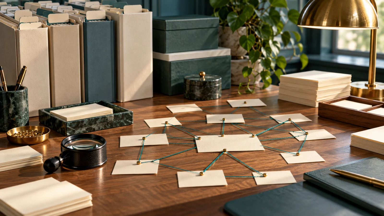 Blank source cards are linked by threads on a desk with a magnifying glass.