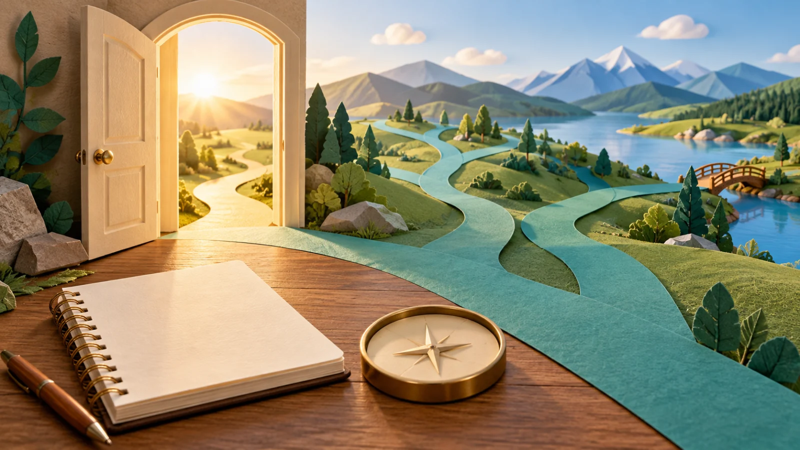 An open doorway leads to branching paths through a paper landscape.