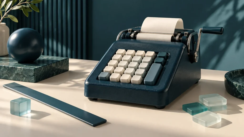 An unmarked mechanical calculating machine stands beside measuring and geometric tools.