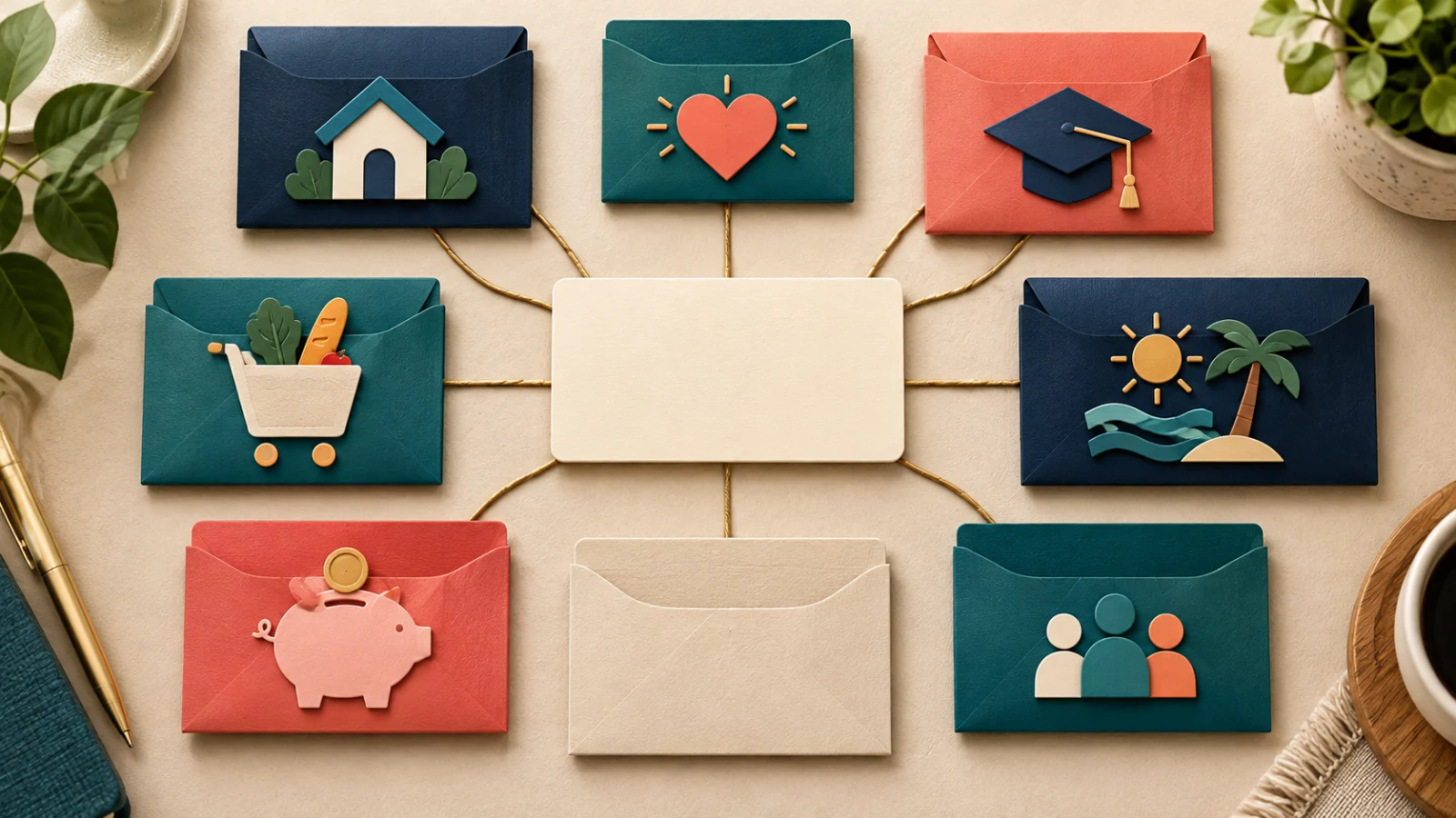 A blank central card connects to illustrated household allocation envelopes.