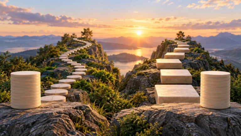 Two paths use different numbers and sizes of stepping stones beside equal disk stacks.