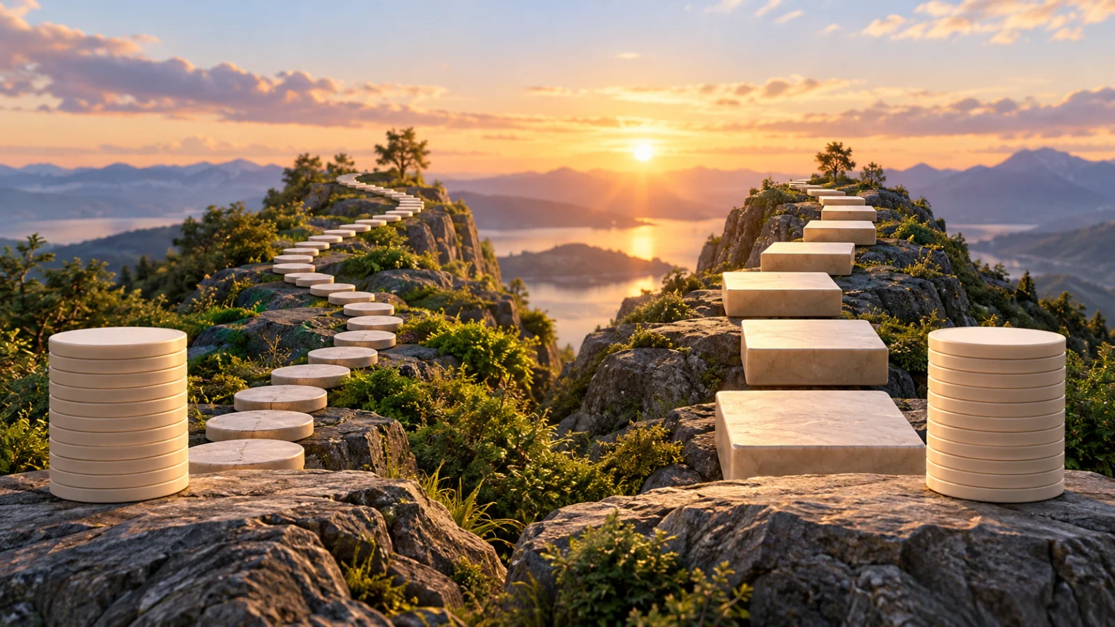 Two paths use different numbers and sizes of stepping stones beside equal disk stacks.