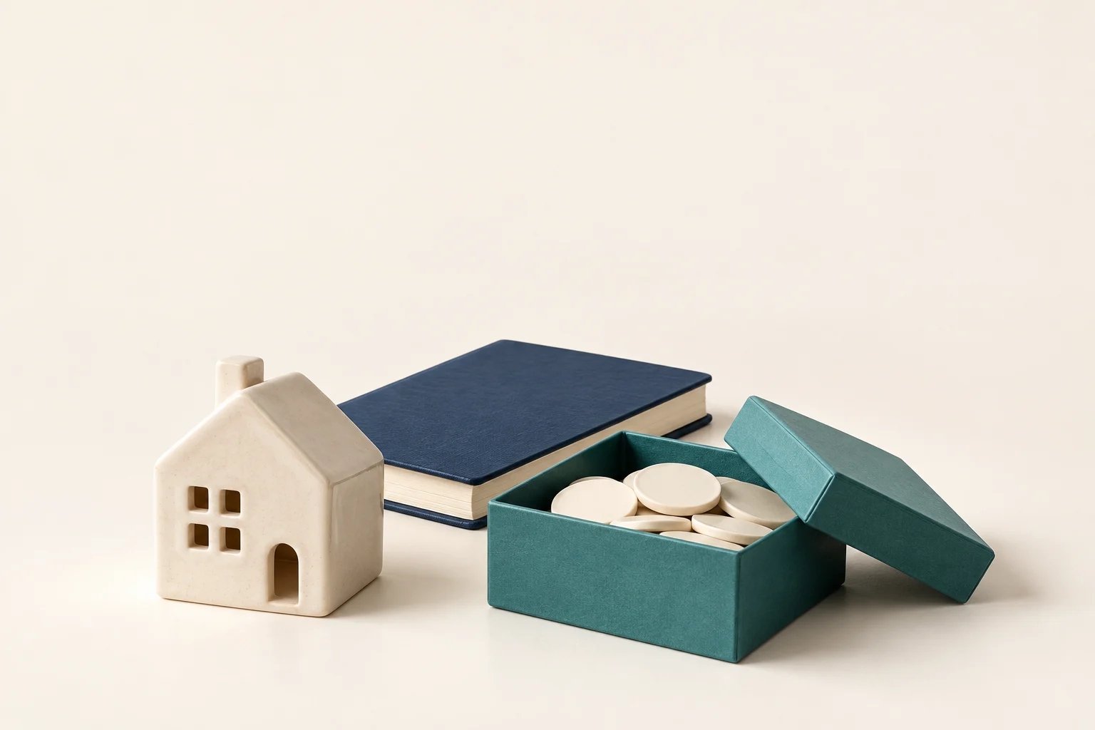 A ceramic home stands beside a teal reserve box holding plain disks and a closed notebook.