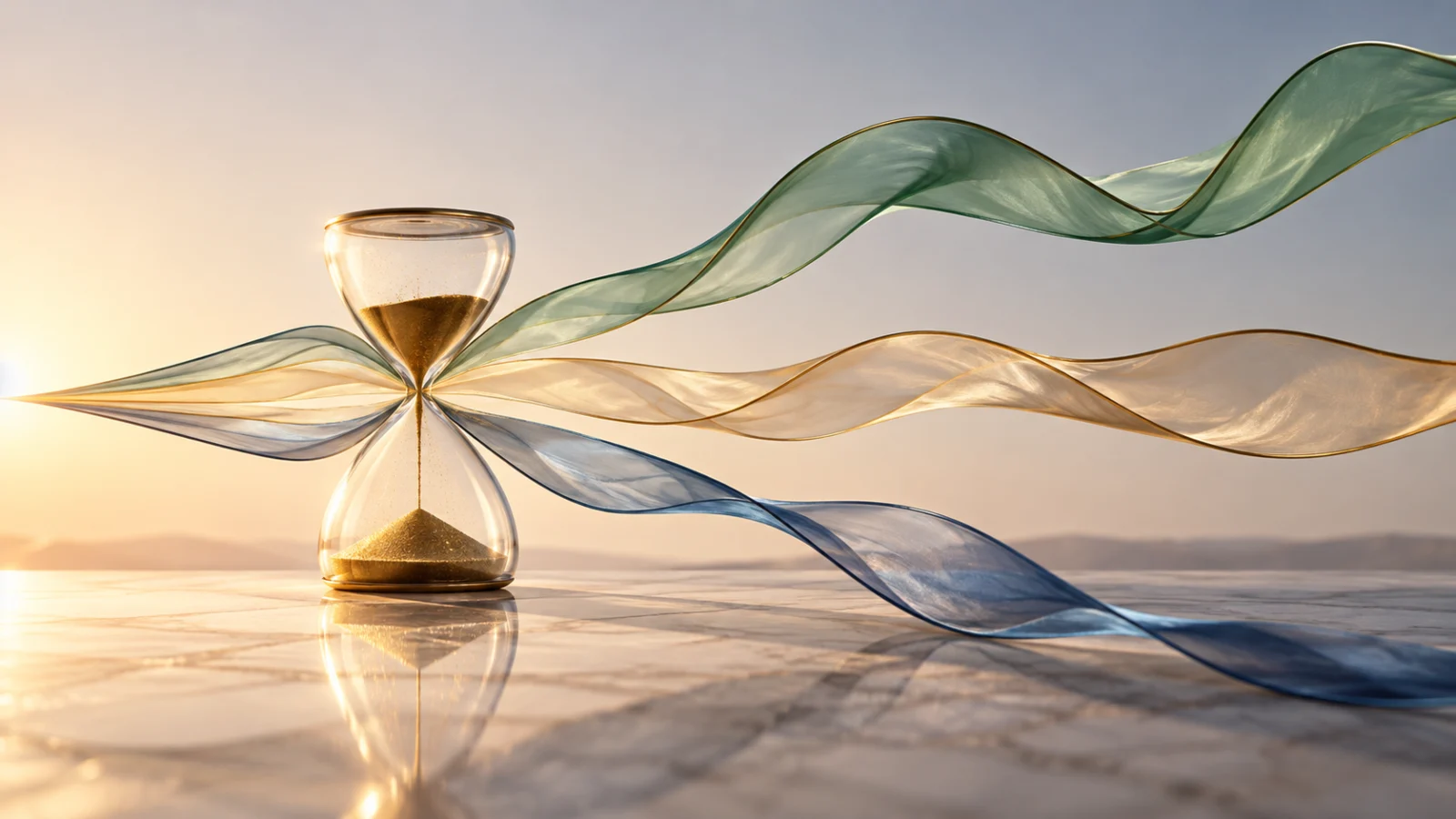 Three translucent paths curve in different directions beside an hourglass.