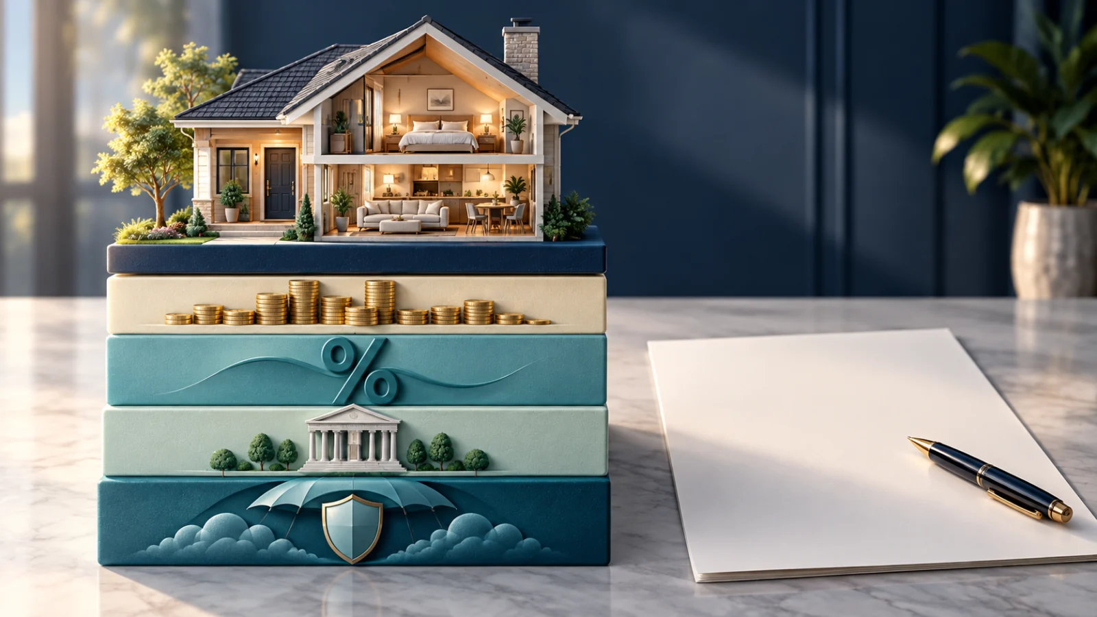 A miniature home rests on distinct layers representing principal, interest, taxes and insurance.