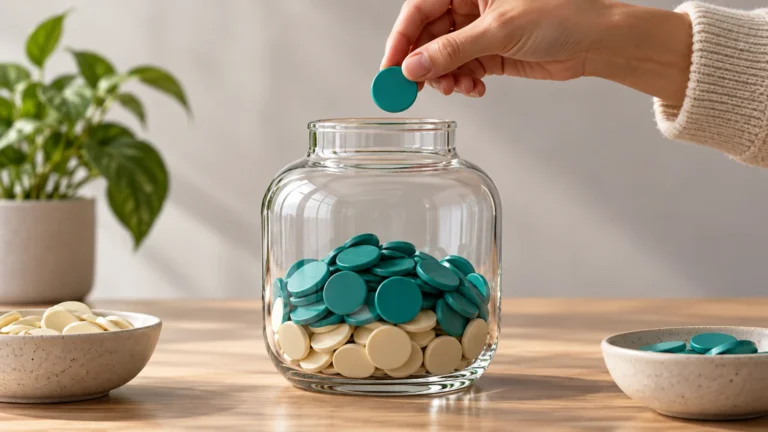 A hand adds a teal token to a glass vessel containing cream and teal disks.