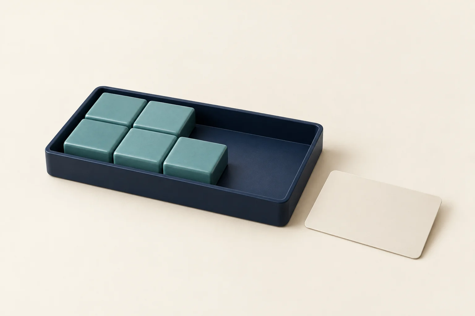 Teal blocks occupy part of a navy tray beside a plain payment card.